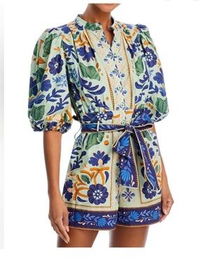 XXS $295 Farm Rio - Ocean Tapestry Green
Blue Romper NWT